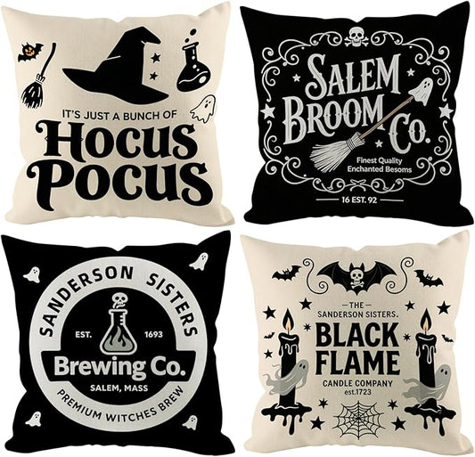 Halloween Pillow Covers 18x18 inch Set of 4, Linen Outdoor Cute Ghost Vintage Hocus Pocus Saying Farmhouse Party Supplies Black and White Decorations for Sofa Couch