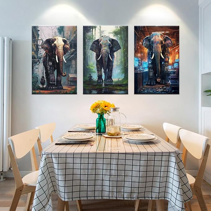 Abstract Animal Canvas Wall Art 3 Pieces Posters Print Cyberpunk Style Giant Machine Elephants Picture Painting Artwork for Modern Home Living Room Bedroom Office Stretched and Framed [48''W X 24''H]
