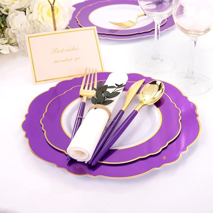 WDF 30Guest Purple Plastic Plates with Gold Rim & Disposable Gold Plastic Silverware With Purple Handle - Baroque Party Plates Mardi Gras Plate for Birthday Parties