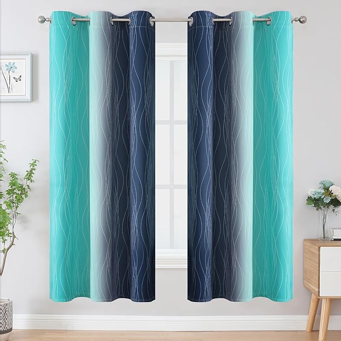 Estelar Textiler Navy Blue and Teal Blackout Curtains for Living Room, Full Room Darkening Grommet Ombre Curtains for Bedroom, Thermal Insulated Light Blocking Gradient Drapes, 42Wx72L, 2 Panels