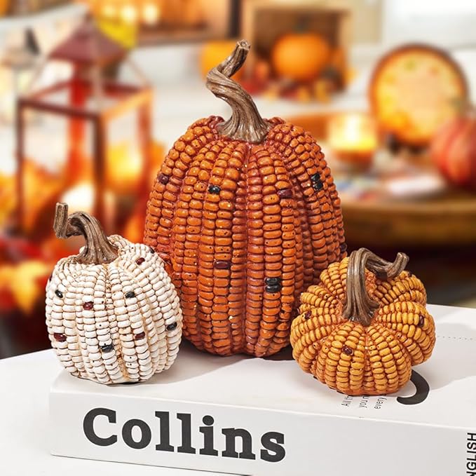 Briful Fall Decorative Corn Pumpkin Set – 3-in-1 Resin Pumpkins Harvest Décor Fake Corn Pumpkins Centerpiece for Thanksgiving Table Tiered Tray Outdoor Autumn Decorations