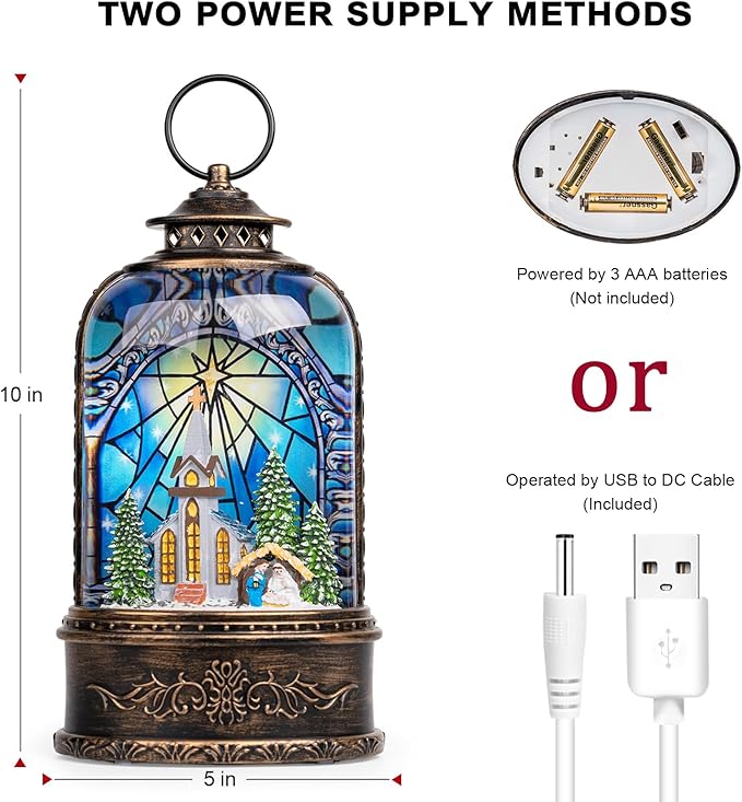 Christmas Snow Globe Lantern Water Glittering Churches & Holy Family with Music& Timer, USB Lined/Battery Operated Lighted Lantern for Christmas Festival Decoration Gifts