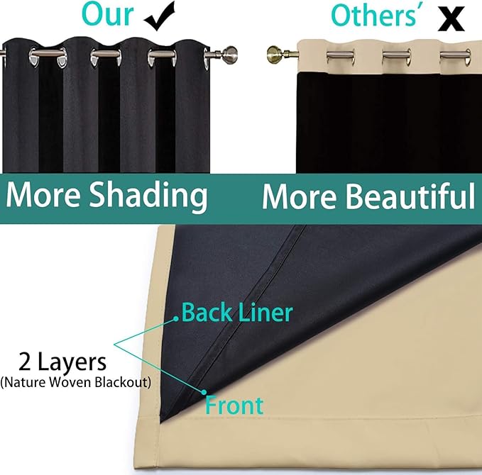 Yakamok Beige 100% Blackout Curtains, Thermal Insulated Total Blackout Drapes for Bedroom, Heat Blocking Window Curtains for Living Room(70Wx84L, 2 Panels)