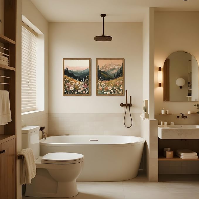 Framed Boho Colorful Wildflower Landscape Wall Art Set of 3, Vintage Floral Mountain Wall Decor Paintings, Nature Flower Pictures Canvas Prints for Living Room Bedroom Office 16x24 inch