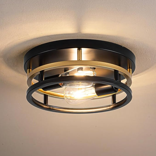 2 Light Industrial Ceiling Light Black Gold Semi Flush Mount Lights Close to Ceiling Light Fixtures,cage design Farmhouse Ceiling Lighting for Kitchen Bedroom Bathroom Foyer Hallway (E26, 1Pack)