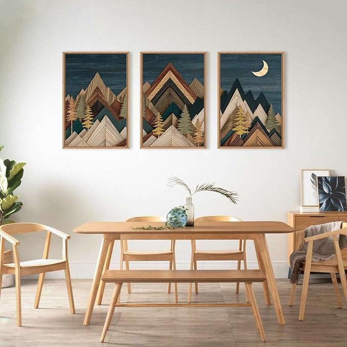 Mountain Woodcut Nature Framed Canvas Wall Art Set,Vintage Pine Tree Wall Decor, Country Wilderness Forest Wall Painting,Modern Navy blue Art Prints for Living Room,Bedroom,Farmhouse - 24"x36"x3