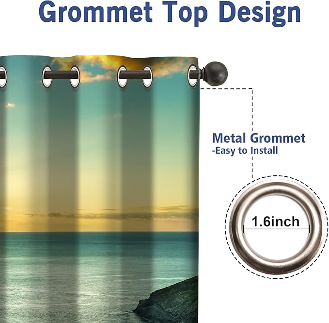 Jekeno Ocean Beach Blackout Curtains Ocean Morning Sunrise Decor for Home Bedroom Living Room with Hawaiian Seaside Scene Island Green Print Grommet Window Drapes 2 Panel Set, 52"x63"