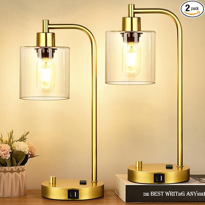 Set of 2 Industrial Table Lamps with USB Port, Gold Fully Stepless Dimmable Bedside Lamps for bedrooms, Nightstand Desk Lamp with Clear Glass Shade for Reading Living Room Office 2 LED Bulb