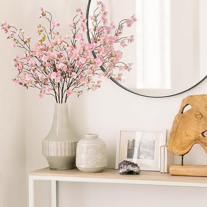 Sunm Boutique Faux Cherry Blossom Branches, Artificial Cherry Blossom Stems Cherry Blossom Flowers Vase Arrangements for Wedding Home Party Kitchen Decor, Light Pink, Set of 3