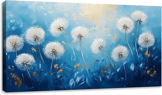 Kuiluuye Dandelion Wall Art Large Flower Painting Wall Decor Canvas Print Blue White Flora Picture for Living Room Home Bedroom Decoration Framed Poster Artwork 60L x 30W
