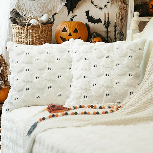 GEEORY Halloween Ghost Soft Plush Pillow Covers, 20 x 20 Inch Set of 2, Fluffy Faux Fur Wool Decorative Farmhouse Cushion Case for Sofa Home Decoration White GC026-20