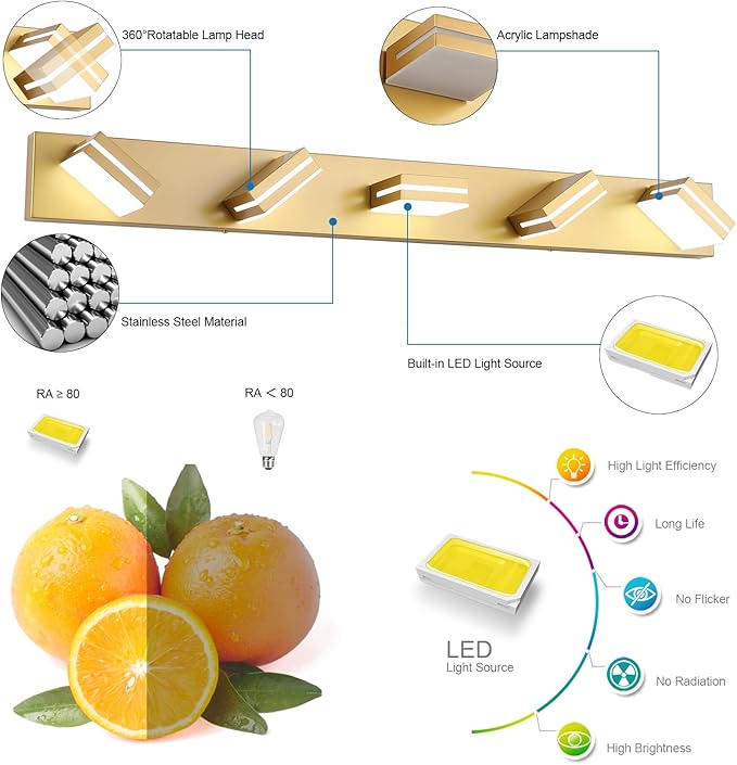 SineRise LED Modern Bathroom Vanity Light Fixtures (5-Light, 40-Inch, Dimmable), Matte Gold Modern Acrylic Bathroom Wall Lighting Fixtures Over Mirror (Cool White 6000K)