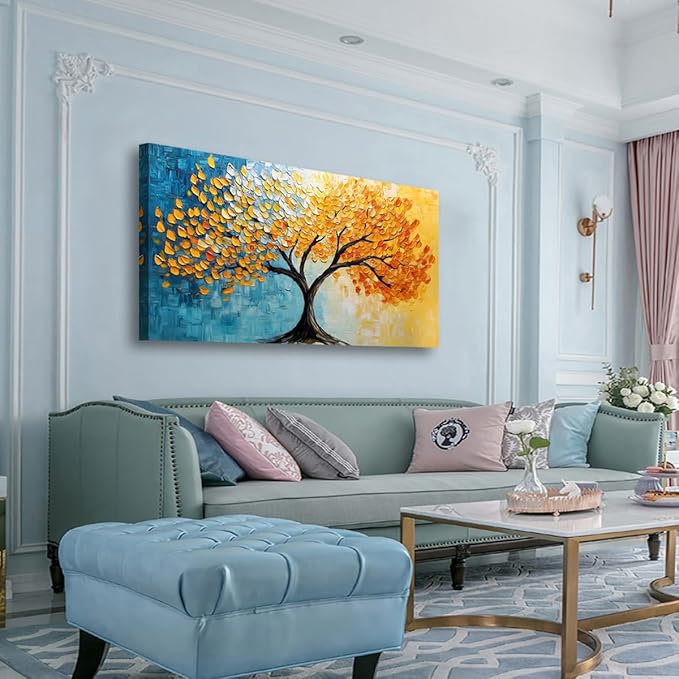 Blue and Yellow Canvas Wall Art Bedroom Wall Decor Living Room,Abstract Tree Leaves Wall Art Office Kitchen Paintings Artwork Modern Golden LeafPictures Art Prints Waterproof Ready to Hang-20x40inch