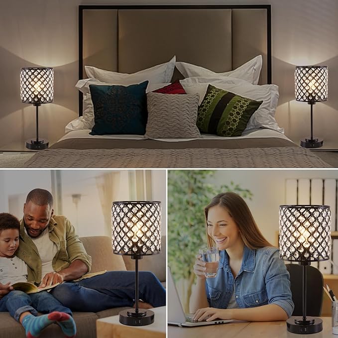 Touch Control Crystal Table Lamp Set of 2, Black Bedside Nightstand Lamps with USB-C+A Charging Ports 3-Way Dimmable Crystal Decorative Desk Lamp for Bedroom Guest Room Living Room, Bulbs Included