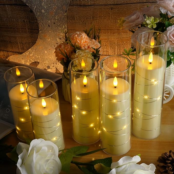 Flameless LED Candles with Timer 5 Pc Flickering Flameless Candles for Romantic Ambiance and Home Decoration Stable Acrylic Shell,with Embedded Star String，Battery Operated Candles（Ivory）