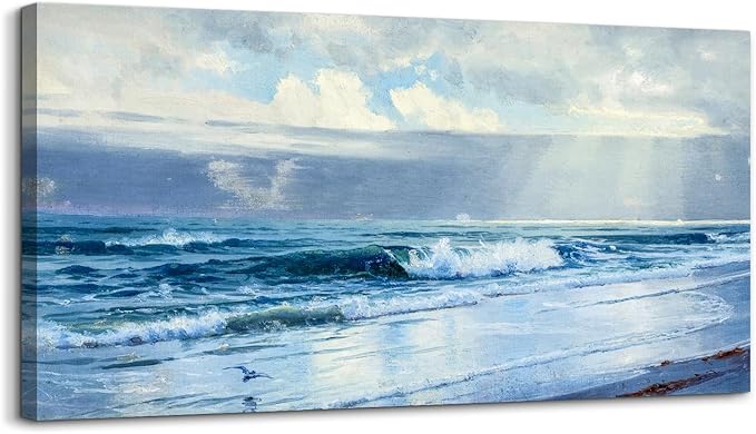 crmotu Beach Large Wall Art, Coastal Landscape Vintage Decor Painting, Sun and Ocean Waves Canvas Art Prints, Blue Aesthetic Wall Pictures for Living Room Bedroom bathroom, Office Decor 20"X40"