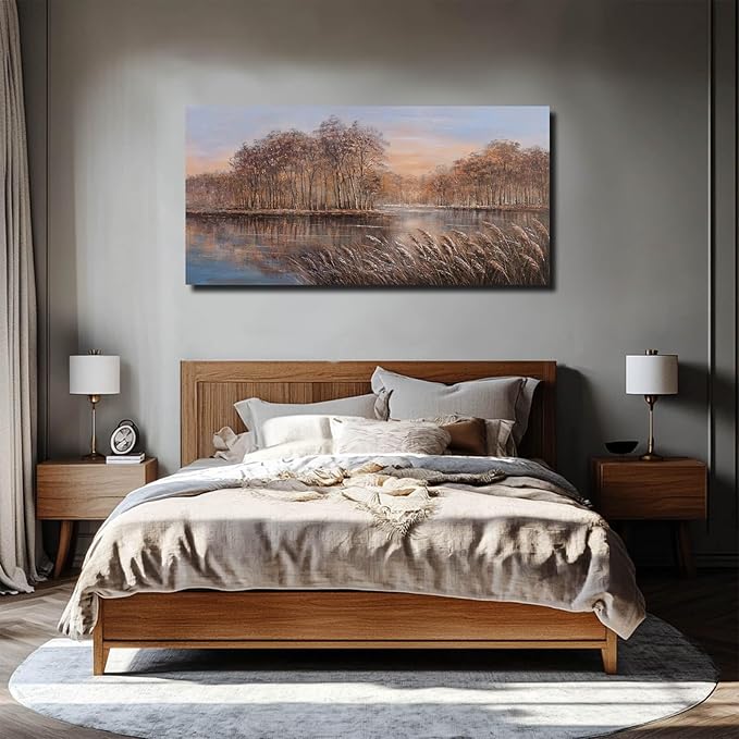 Fall Wall Art Forest Painting Lake Landscape Wall Decor for Living Room Office Contemporary Artwork 24x48 Inch Blue and Gold Posters