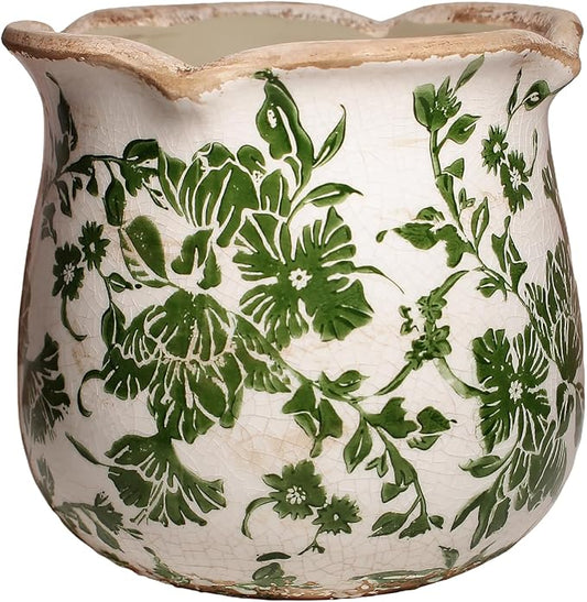 Ceramic Pots for Plants, Vintage Plant Pots with Drainage Hole, 6.11in. Planter for Indoor Plants, Crackle Glaze Finish Flower Pot, Perfect Tuscan Ceramic Planter for Gardening, Green