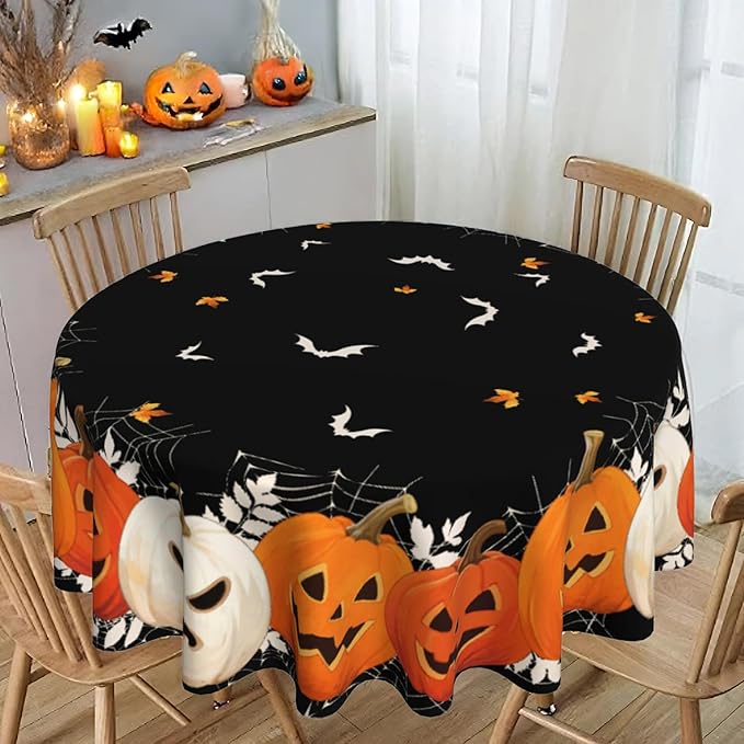 Halloween Round Tablecloth 60x60 Inch Pumpkin Ghost Table Cover Holiday Decorations Seasonal Decor for Home Kitchen Dining Room Picnic Party Fall Thanksgiving