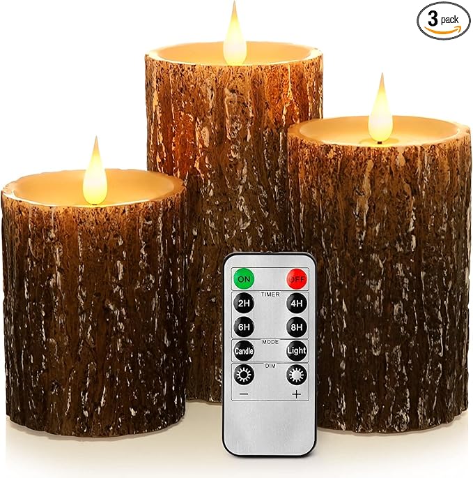 Pine Bark Effect Flameless Candles Battery Operated Pillar Real Wax Flickering Electric LED Candle Sets with Remote Control Cycling 24 Hours Timer, 3" x 4" 5" 6" Pack of 3