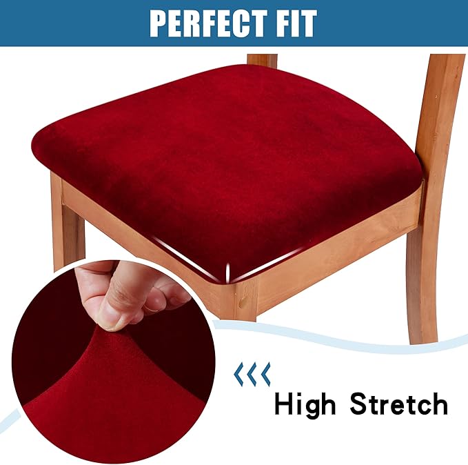 Smiry Velvet Seat Covers for Dining Room Chair Set of 6, Stretch Fit Removable Washable Chair Seat Cushion Protector Slipcovers with Ties, Wine Red