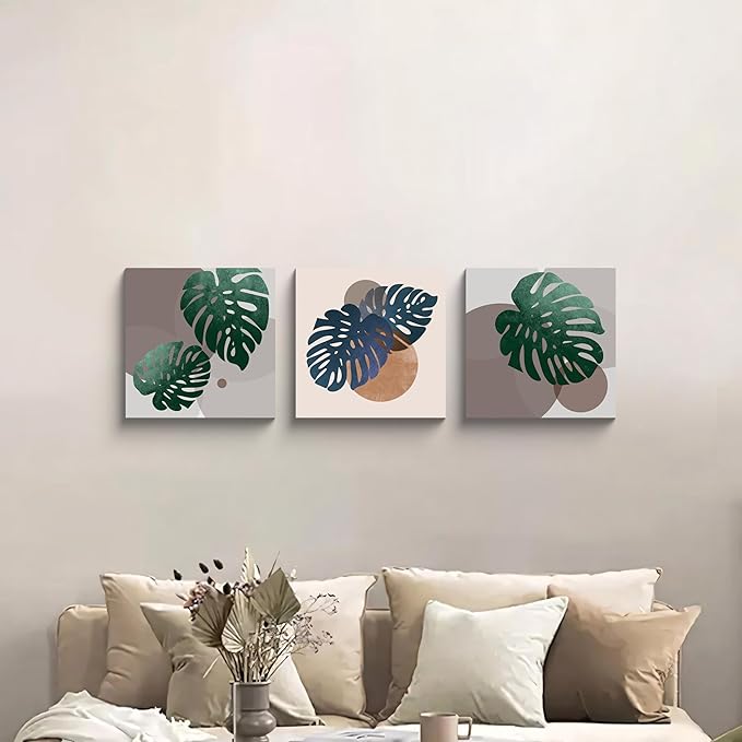 NAN Wind 3Pcs Tropical Leaf Wall Art Palm Frond and Foliage Canvas Print with Bold Orange Teal Yellow Shapes Mid-Century Modern Botanical Plant Pictures for Boho Living Room Bedroom Office Wall Decor