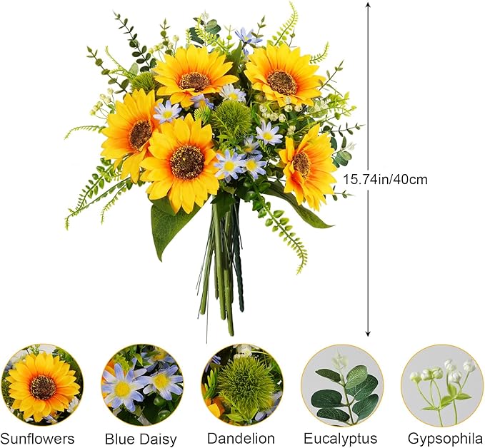 HUAESIN Artificial Sunflower Bouquets Fall Faux Flowers Bouquet Silk Sunflowers in Vase Floral Arrangements for Home Kitchen Table Centerpieces Wedding Party Decor
