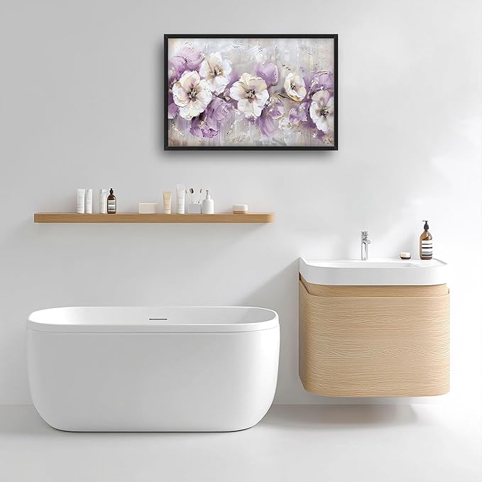 Large Wall Art for Living Room Framed, Purple Flower Wall Decor Pictures, Abstract Floral Canvas Print Painting, Aesthetic Artwork Bedroom Office Home Decor 36"x24"