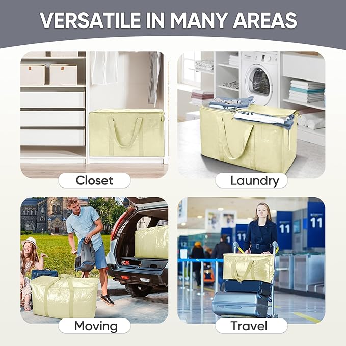 TICONN 4 Pack Extra Large Moving Bags with Zippers & Carrying Handles, Heavy-Duty Storage Tote Moving Boxes for Space Saving (4 Pack, Cream)