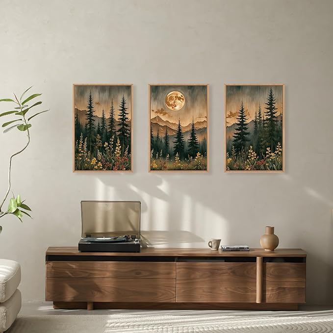 HOURIA Nature Forest Mountain Framed Canvas Wall Art Set,Moonlight Pine Tree Flower Wall Decor,Wilderness Field Wall Painting,Vintage Botanical Art Prints for Living Room,Bedroom,Farmhouse-16 x24 x3