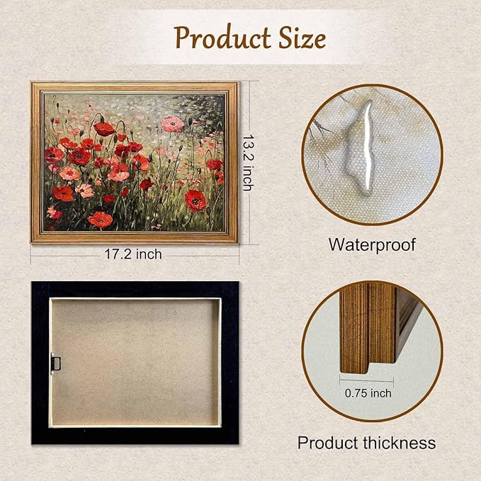 Vintage Wall Art Red Flower Painting, Framed Wall Art, Farmhouse Bedroom Kitchen Wall Art Decor (Flowers, 16L x 12W)