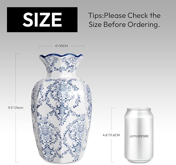 Chinoiserie Vase,Blue and White Vase,Vintage Ceramic Vases,Flower Vase for Centerpiece,Chinese Cute Vases for Living Room, Office,Home Decor (Blue White, Large)