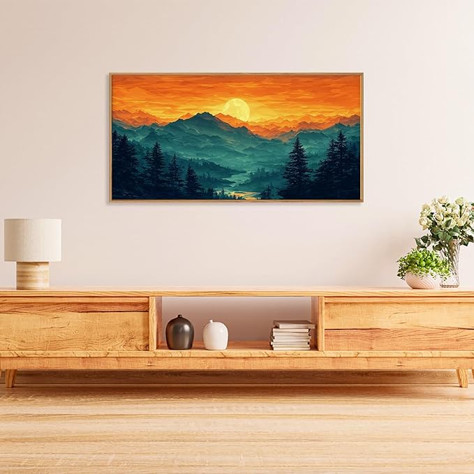 HOURIA Large Sunrise Mountain Forest Landscape Framed Canvas Wall Art Set,Orange Sky Green Ridge Wall Decor,Nature Pine Tree Artwork,Boho Watercolor Art Print for Living Room, Bedroom- 20"x40"x1