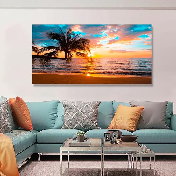 Beach Sunset Pictures Canvas Wall Art For Living Room Bedroom Wall Decor,Sunset Wall Art Print Paitnings For Home Decor,Morden Artwork Palm Cloud Canvas Art Waterproof Ready To Hang-20X40Inches