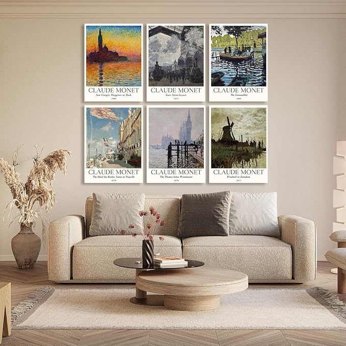 COSCTOR Set of 6 Claude Monet Wall Art Decor Canvas Vintage Famous Artist Retro Landscape Colorful Posters and Prints for Living Room Bathroom Bedroom Hallway Kitchen (Framed, 12x16)