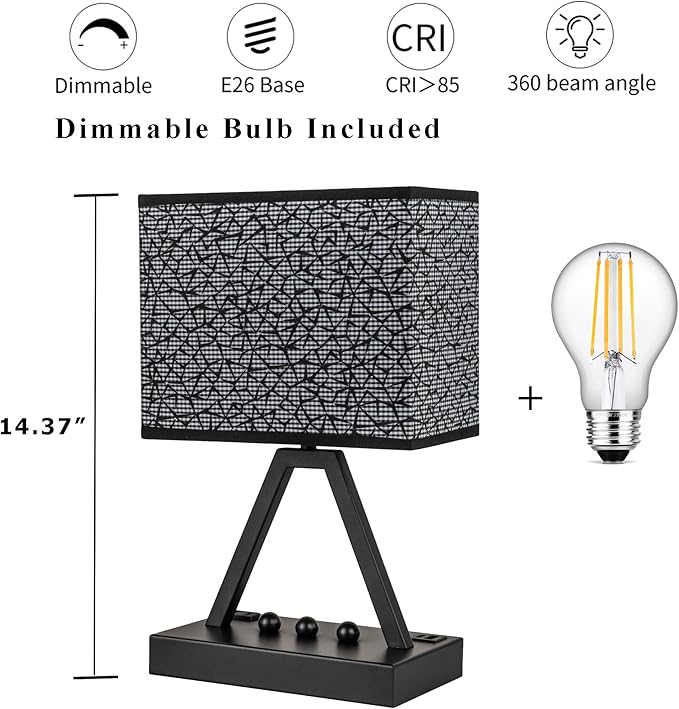 Briever Touch Control Table Lamp, 3-Way Dimmable Desk Lamp with USB C & A and AC Outlet, Bedside Lamp with Phone Stands for Bedroom, Living Room, Office, LED Bulb Included, Black Shade