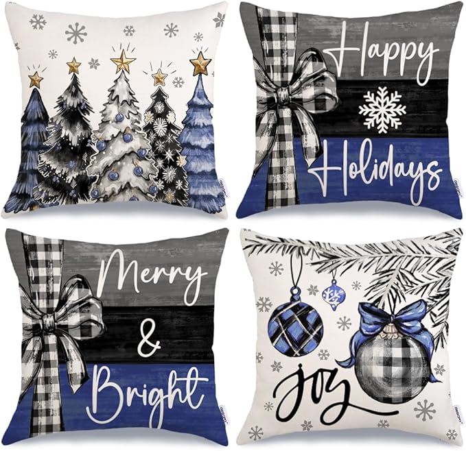GEEORY Christmas Throw Pillow Covers 20 x 20 Inch Set of 4, Xmas Trees Merry and Bright Happy Holidays Farmhouse Decorative Cushion Cases for Home Decoration G435N-20