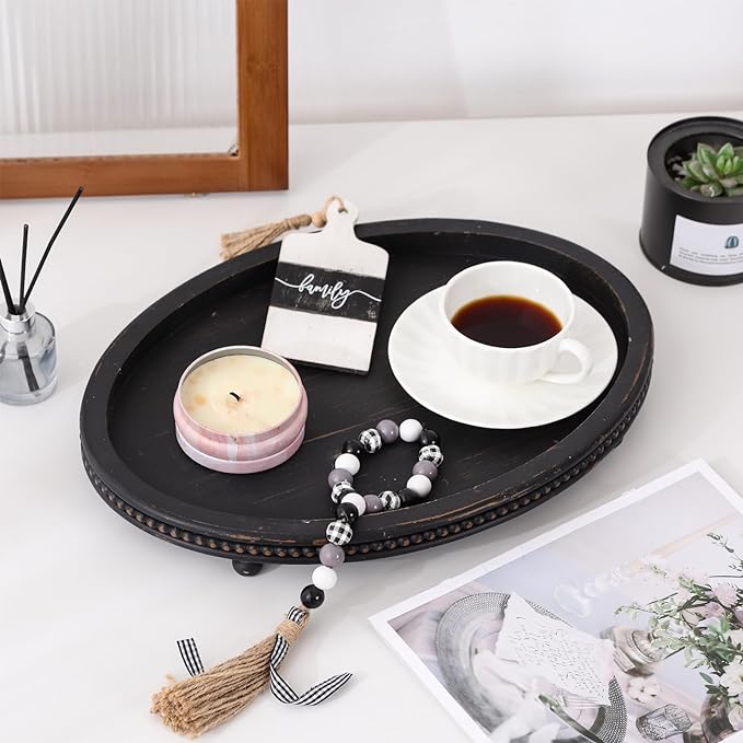 Oval Trays, Wooden Decorative Trays for Coffee Table, Small Beaded Decor in Black