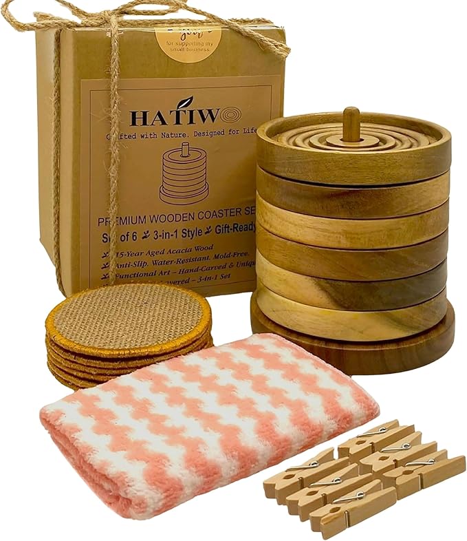 Wooden Coasters Set of 6 with Holder (3.9") – Rustic Acacia Drink Coasters with Water Groove & Non-Slip EVA Base – Gift-Ready for Coffee Table, Bar & Kitchen Decor