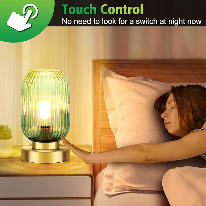Touch Control Mid Century Modern Table Lamp, 3 Way Dimmable, Green Glass, Small Gold, Vintage Bedside Lamp for Bedroom, Living Room,Office