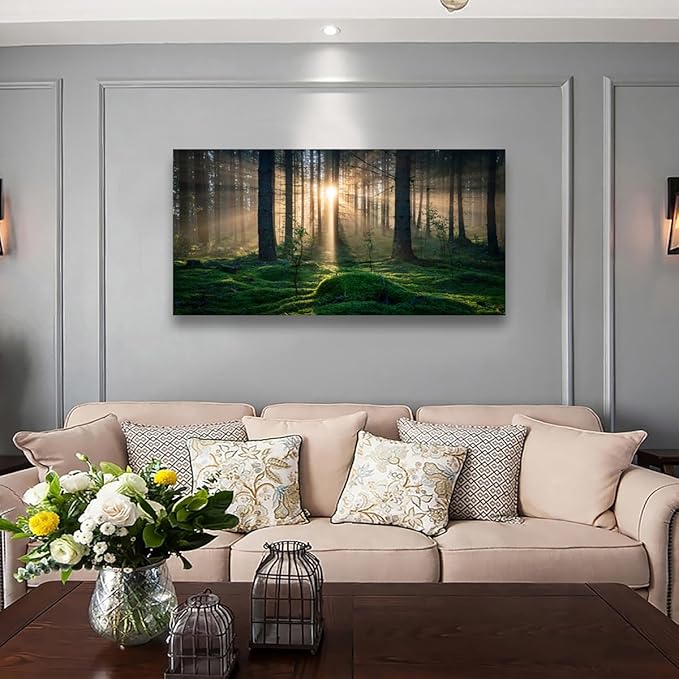 Sunrise Landscape Canvas Wall Art - 24x48 Inches - Tree and Forest Picture Artwork for Living Room and Bedroom Wall Decoration - Nature Painting Prints for a Serene Atmosphere