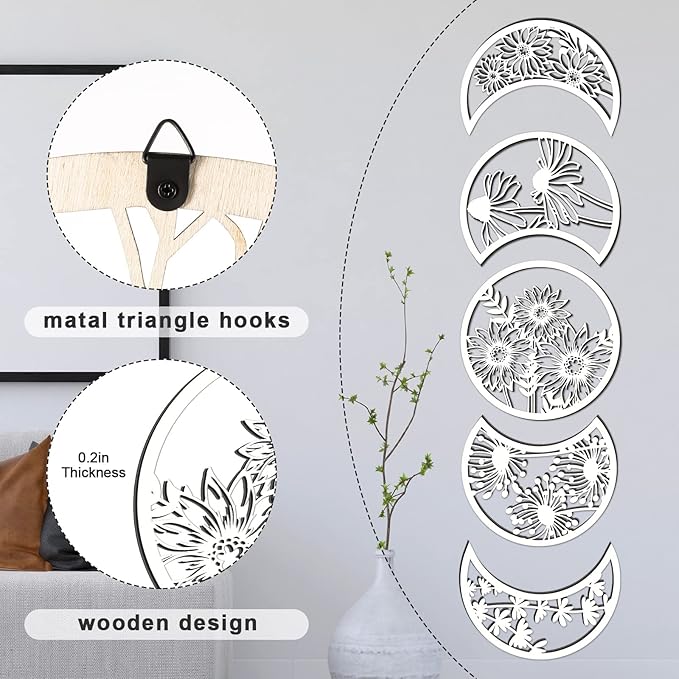 Jetec 5 Pcs Moon Phase Wall Hanging Decor Art Above Bed 10.6" H Boho Moon Phase Wood Wall Pediment Ornament for Living Room Bedroom Home Decoration Room Apartment Bar(White)