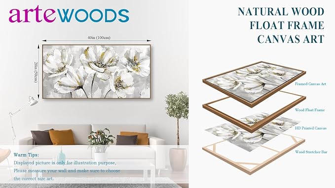 arteWOODS Flowers Framed Wall Art - Gray White Flowers with Yellow Accents Canvas Pictures Wall Decor Botanical Painting Artwork Elegant Floral Prints Living Room Bedroom 40 x 20in Natural Wood Frame