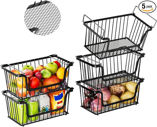 Enhanced Leak-Proof Bottom Stackable Wire Baskets, 5 Pack Pantry Organizers and Storage, pantry storage，Shelf Baskets, Fruit Basket, Potato and Onion Storage Bins，(Black)