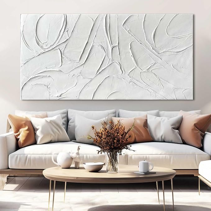 XIANSHOU Home Decor White Abstract Wall Decor Maximalist Artwork Textured Canvas Wall Art Pictures for Living Room Bedroom Home Office Decor 24"x48"