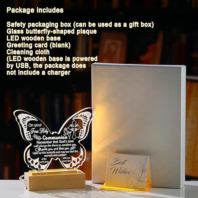 Ornalrist First Holy Communion Gifts for Girls, First Communion Baptism Gifts for Granddaughter Goddaughter, Boys, Teens, Crystal Butterfly Night Light Plaque with Warm Light Base
