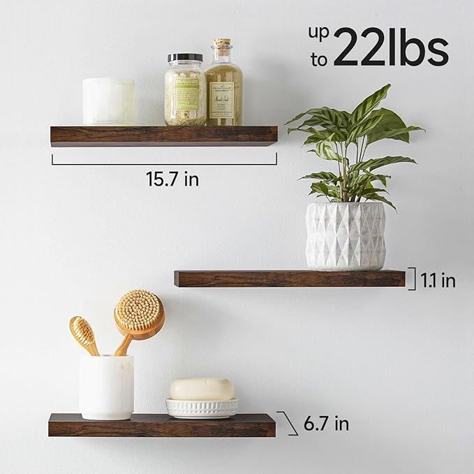 BAYKA Floating Shelves Bathroom for Wall – Shelf Over Toilet Farmhouse Rustic Wood for Bedroom, Kitchen, or Living Room Decor Organization, Fall Bathroom Decor Shelves – Rustic Brown, Set of 3