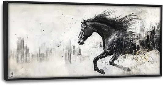 Framed Large Wall Art for Living Room, Black Running Horse Canvas Wall Decor, Large City Picture Framed Painting, Abstract Modern Artwork for Bedroom Office 60L'' × 30W''