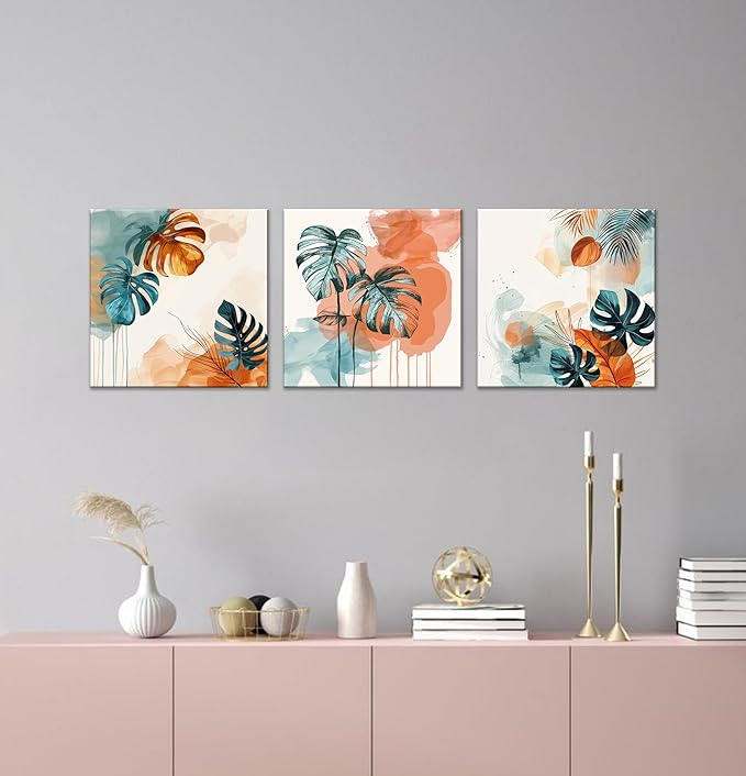 NAN Wind 3Pcs Abstract Tropical Leaves Canvas Art Modern Botanical Wall Decor Teal and Orange Leaf Minimalist Jungle Wall Art Framed Contemporary Nature-Inspired Print for Living Room or Bedroom