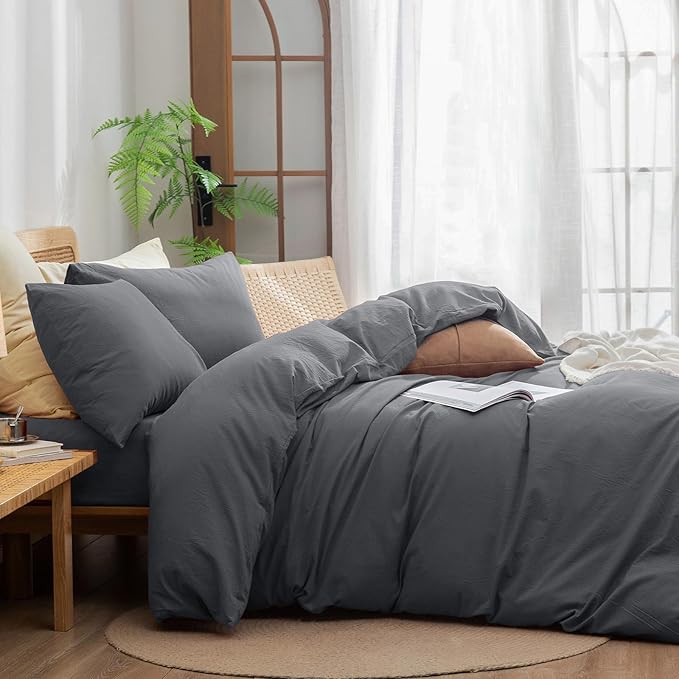 BESTOUCH Duvet Cover Set 100% Washed Cotton Linen Feel Super Soft Comfortable Chic Lightweight 2 PCs Home Bedding Set Solid Quiet Shade Grey/Twin XL